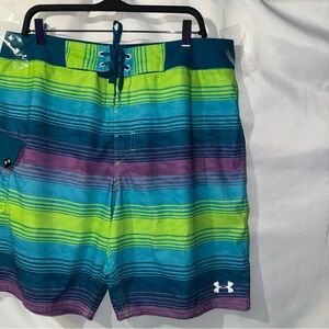 Under Armour Board Shorts Mens 38 Blue Green Purple  Striped Swimming Trunks